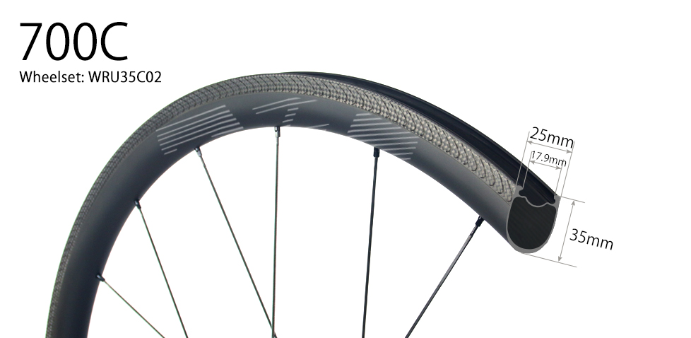 U shape 35mm depth Hand-built 700C carbon 25mm wide clincher road bicycle wheels for tubeless compatible