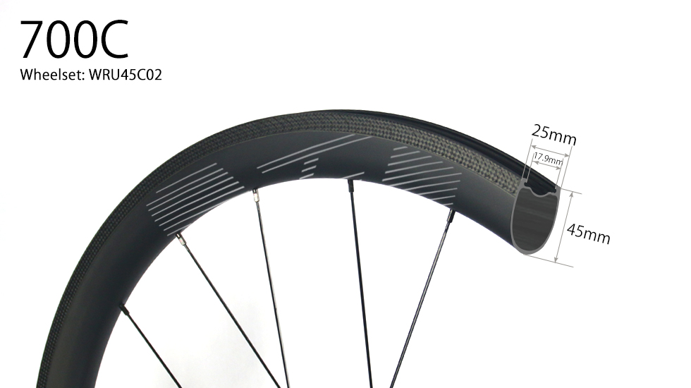 U shape 45mm depth Hand-built 700C carbon 25mm wide clincher road bicycle wheels for tubeless compatible