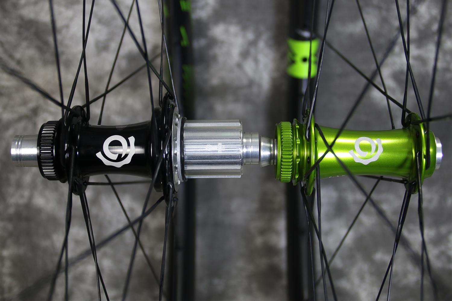 Industry-Nine-Torch-road-disc-hubs-anodized-lime-front-black-rear